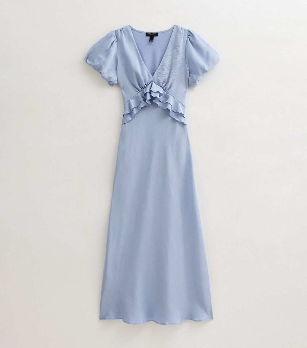 Petite Blue Satin Ruffle Trim Midi Dress