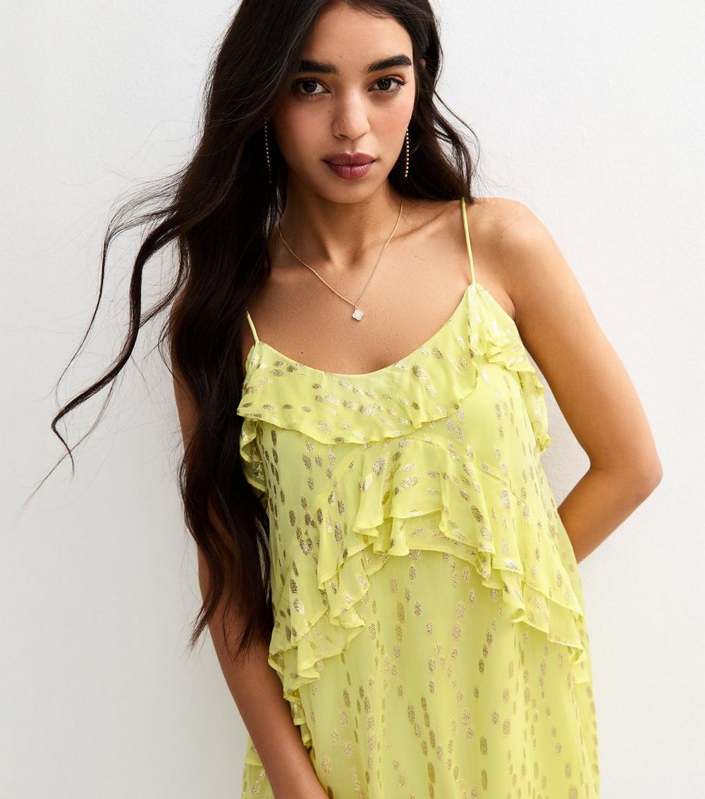 Bright Yellow Metallic Jacquard Ruffle Trim Mini Dress