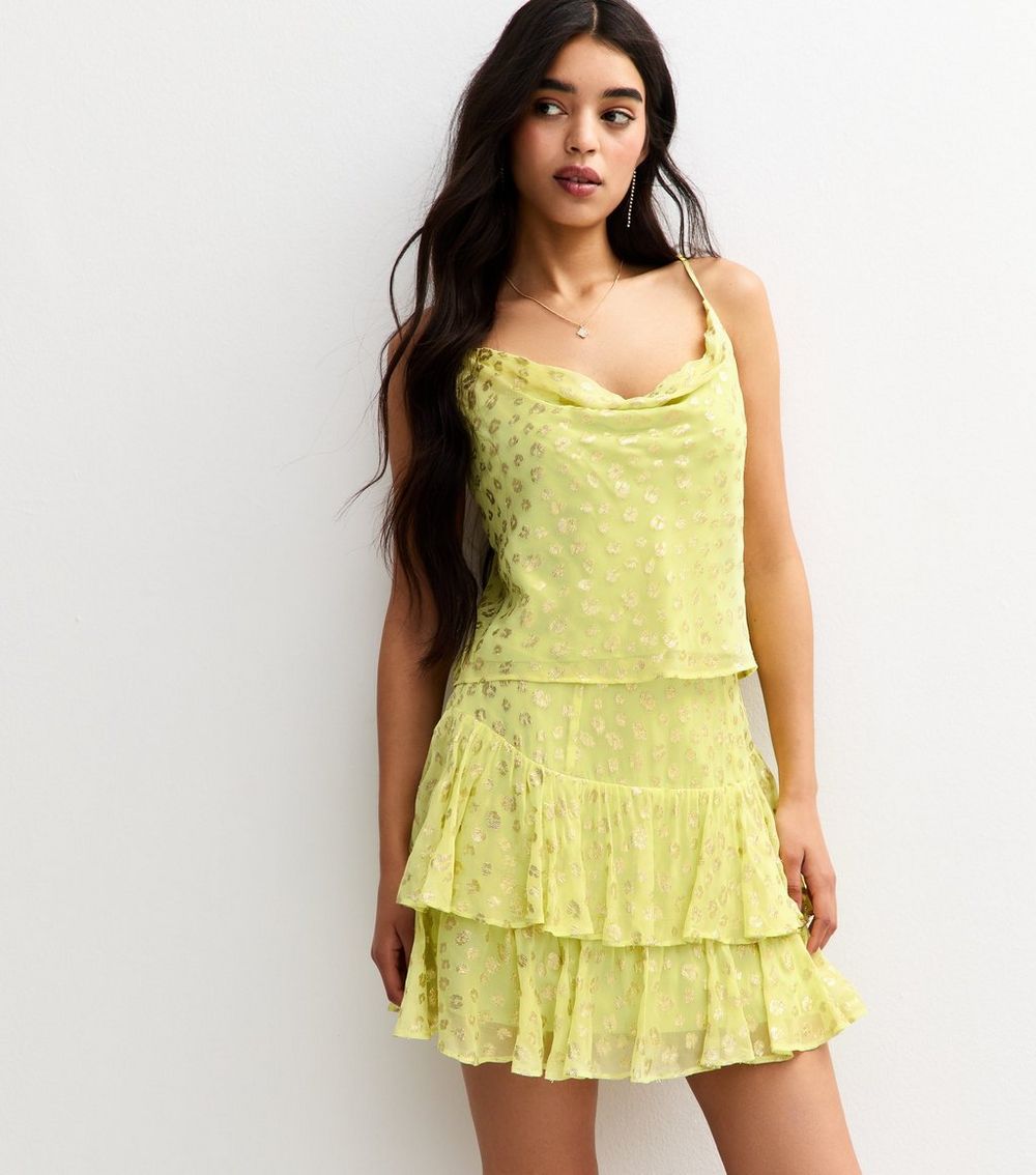 Bright Yellow Metallic Jacquard Ruffle Mini Skirt