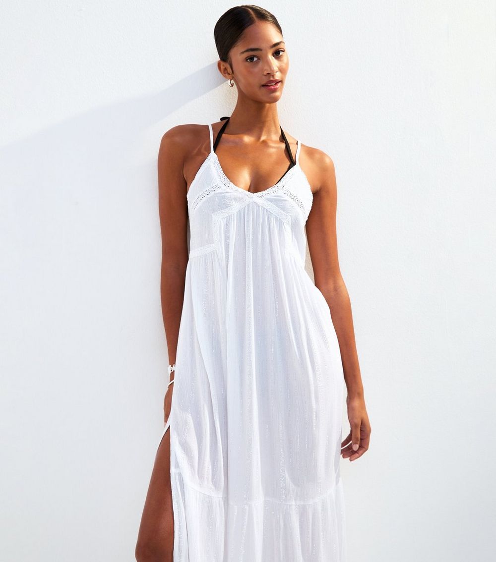 White Lurex Stripe Maxi Beach Dress