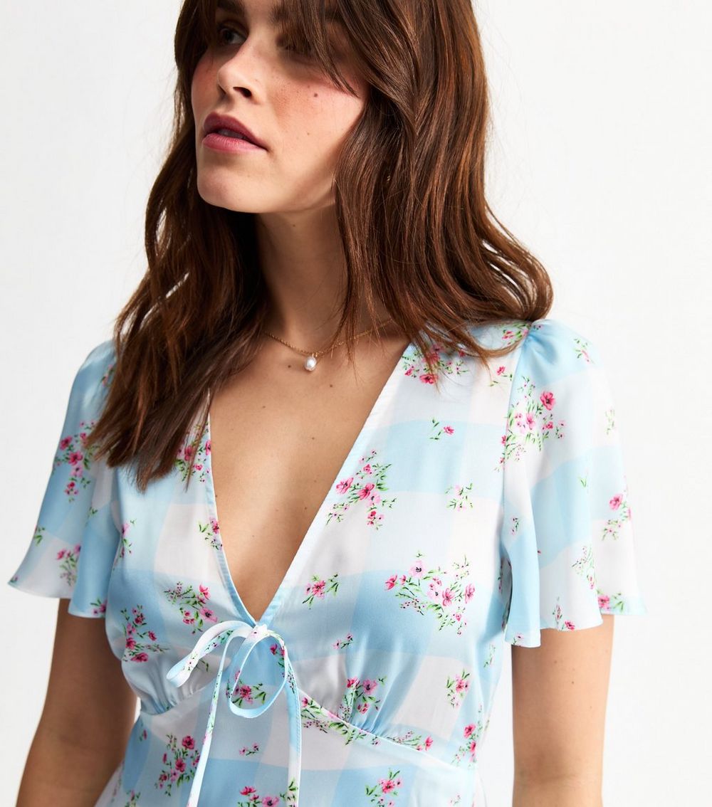 Blue Satin Gingham Floral Print Mini Dress