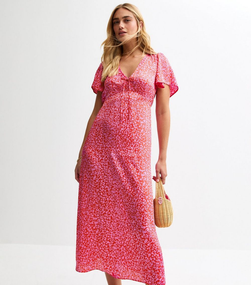 Pink Floral Print Tie Neck Satin Midi Dress