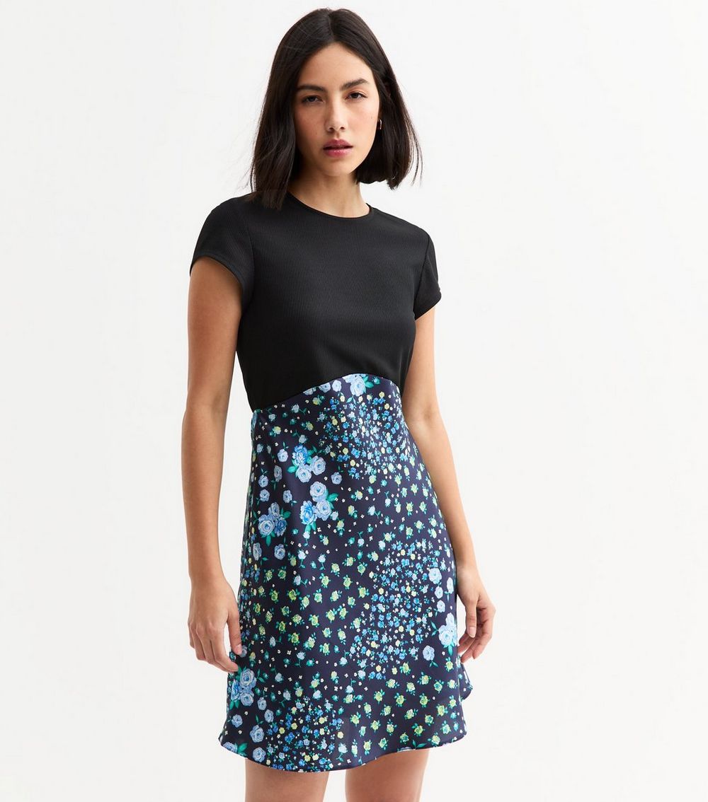 Black Floral Print Satin Skirt Dress