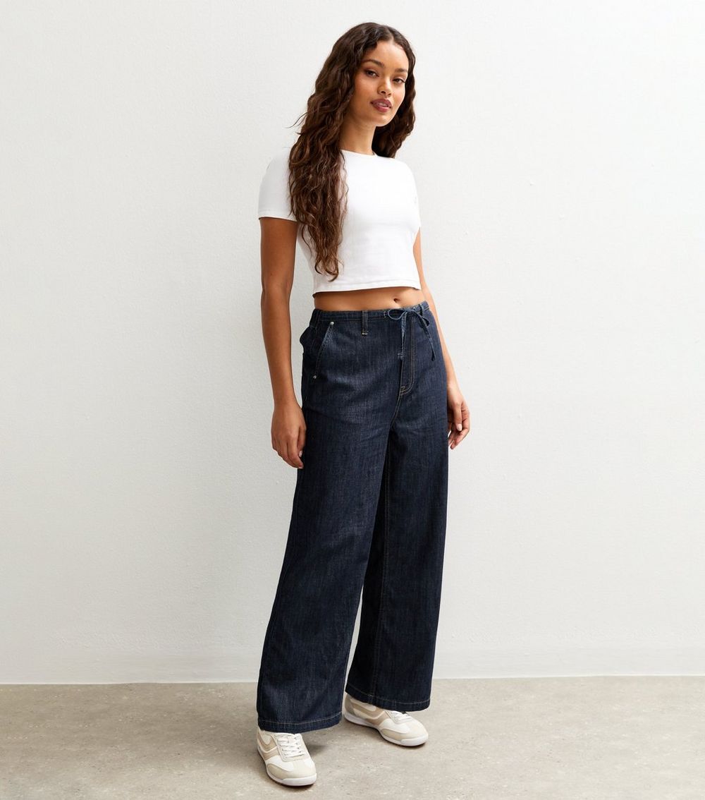 Petite Dark Blue Tia Drawcord Wide Leg Jeans