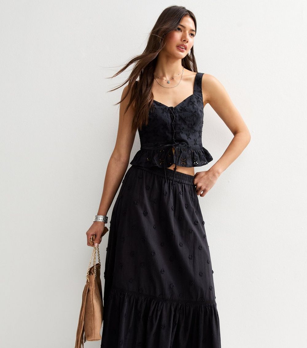 Black Floral Embroidered Midi Skirt