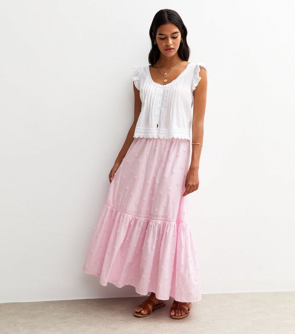 Pink Floral Embroidered Midi Skirt