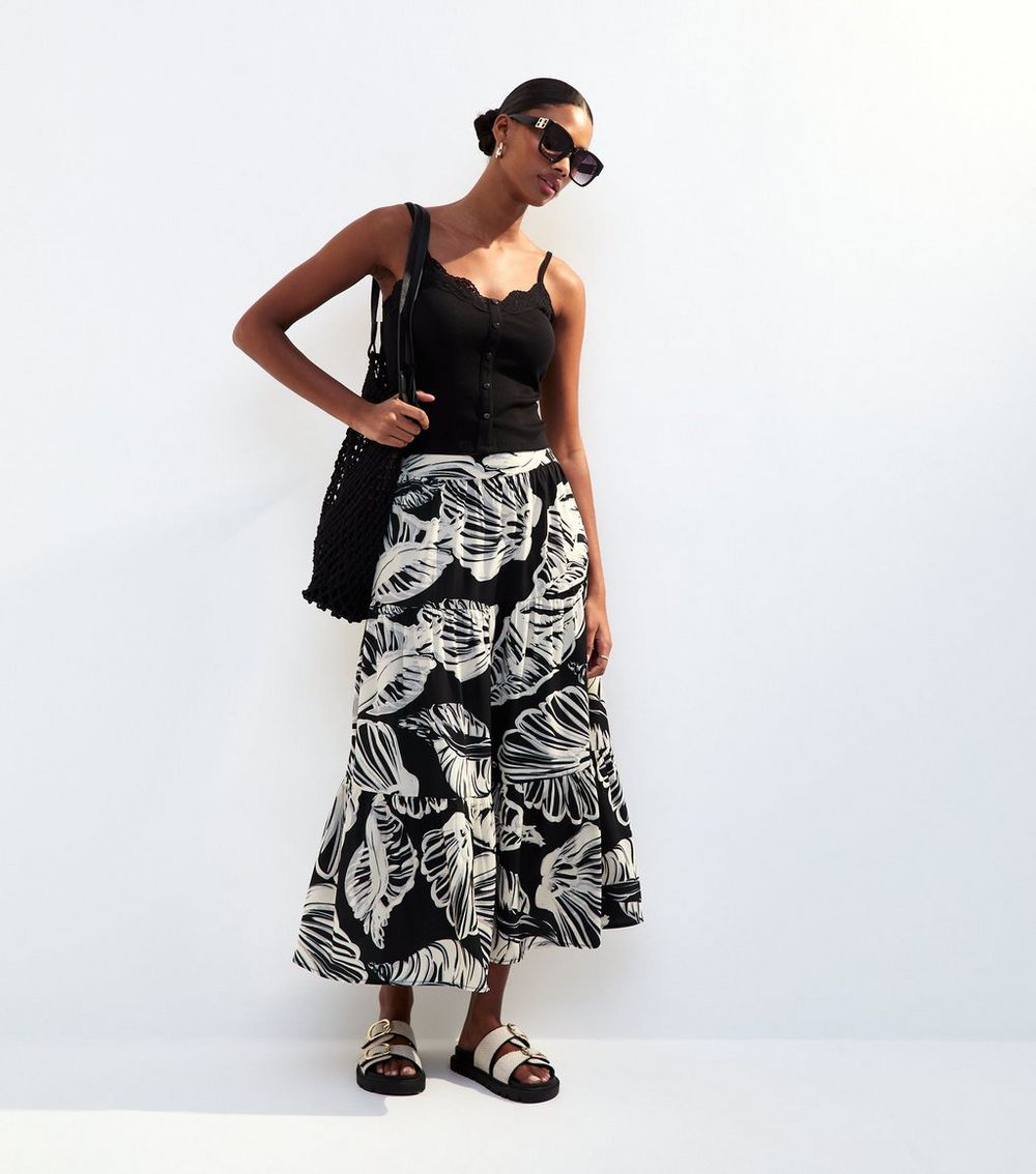 Black Leaf Print Tiered Midi Skirt