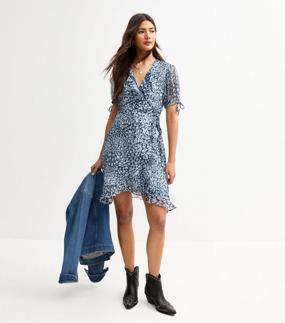 Blue Leopard Print Wrap Mini Dress
