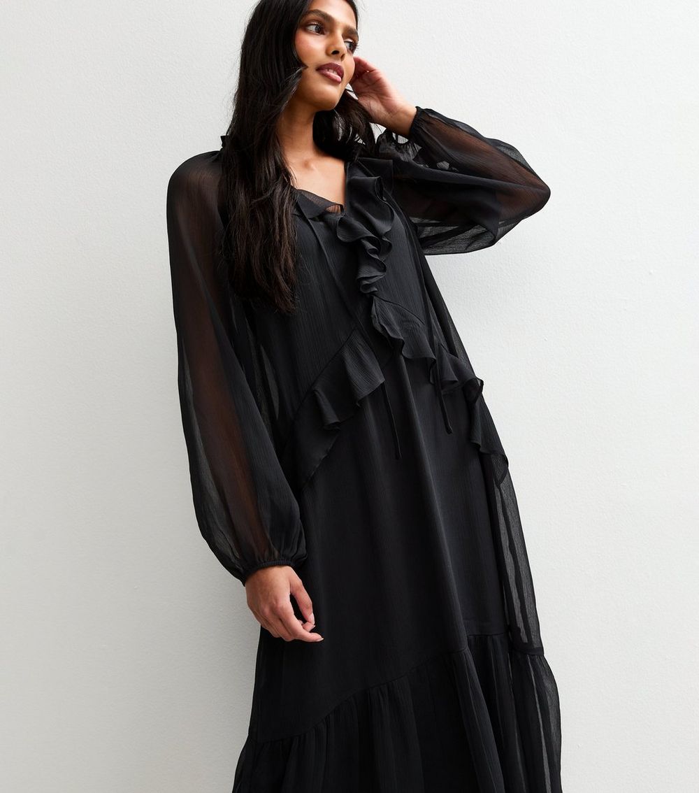 Black Frilly Trim Chiffon Midi Dress