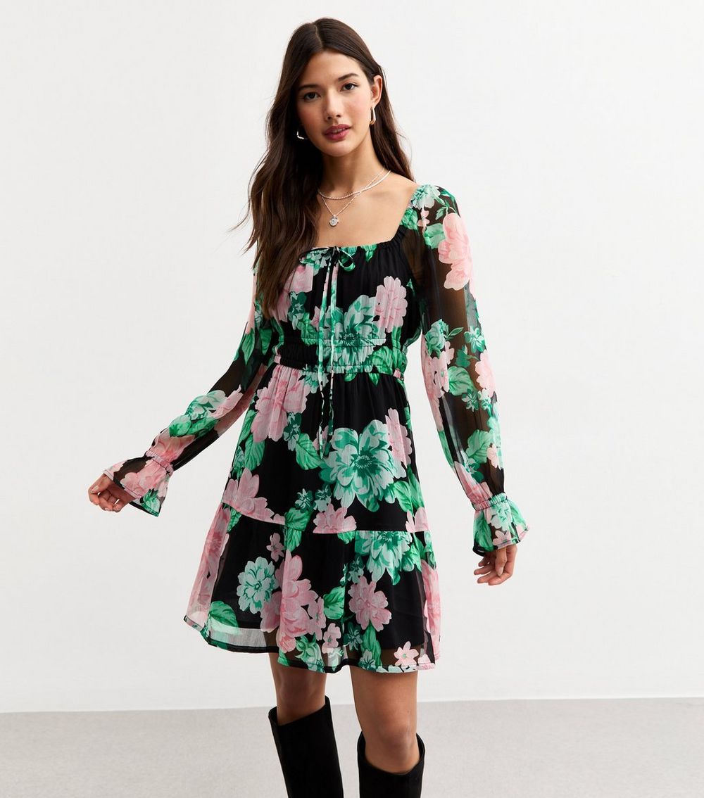 Black Floral Print Crinkled Chiffon Mini Dress