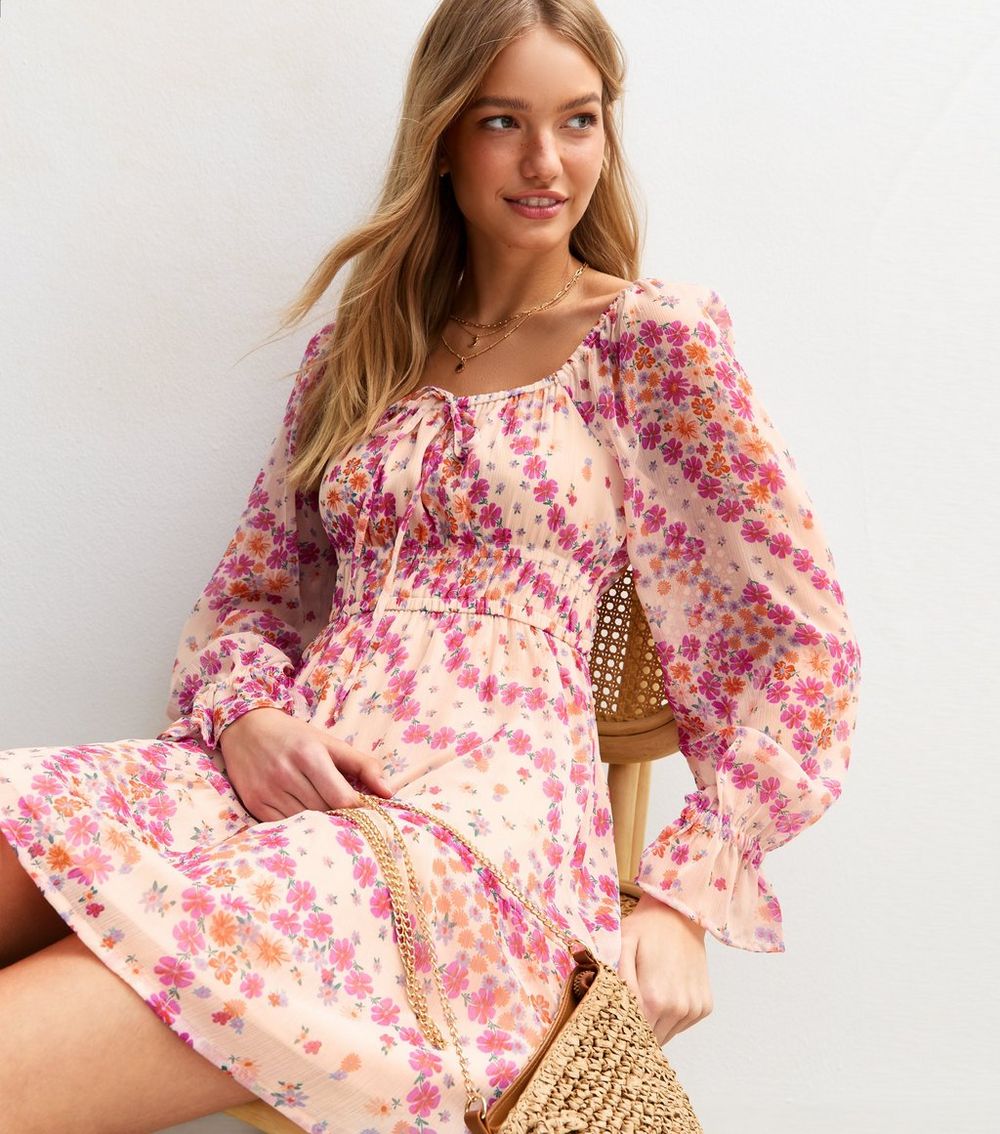 White Floral Print Chiffon Long Sleeve Milkmaid Mini Dress