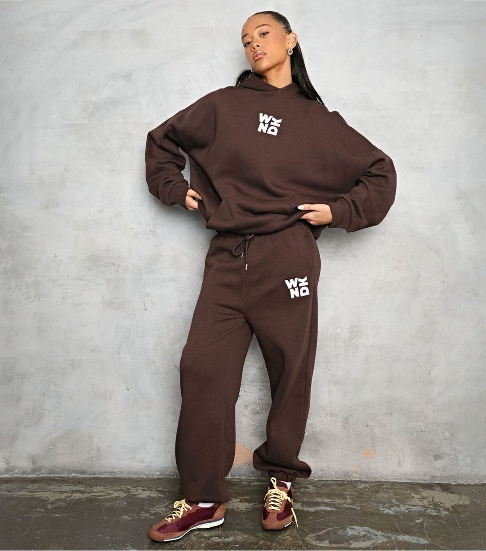 WKNDGIRL Dark Brown Logo Print Oversized Hoodie