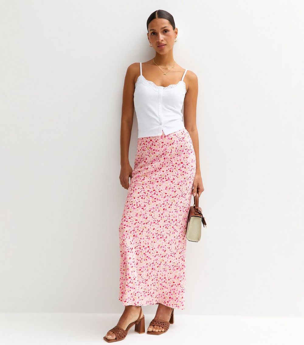 Pink Floral Fruit Print Midi Skirt