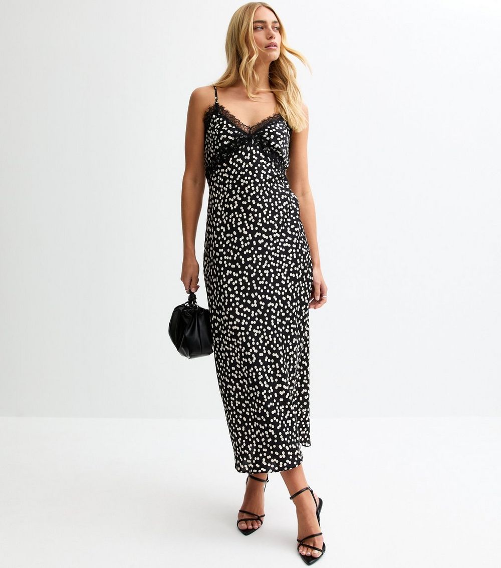 Black Polka Dot Lace Trim Midi Dress