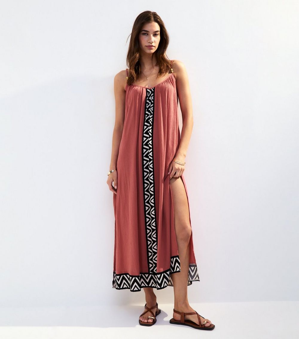 Rust Textured Graphic Trim Cover Up Maxi Dress