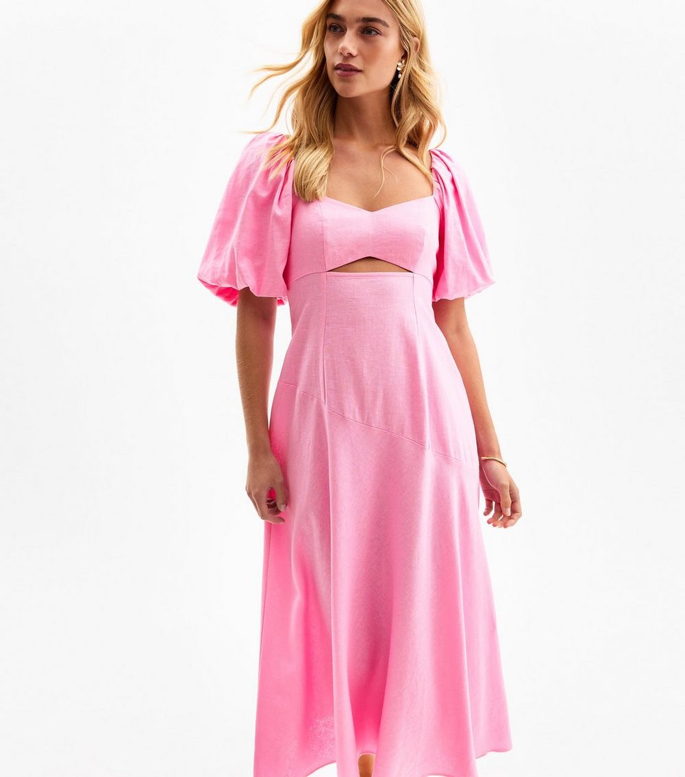 Pink Linen Blend Puff Sleeve Midi Dress