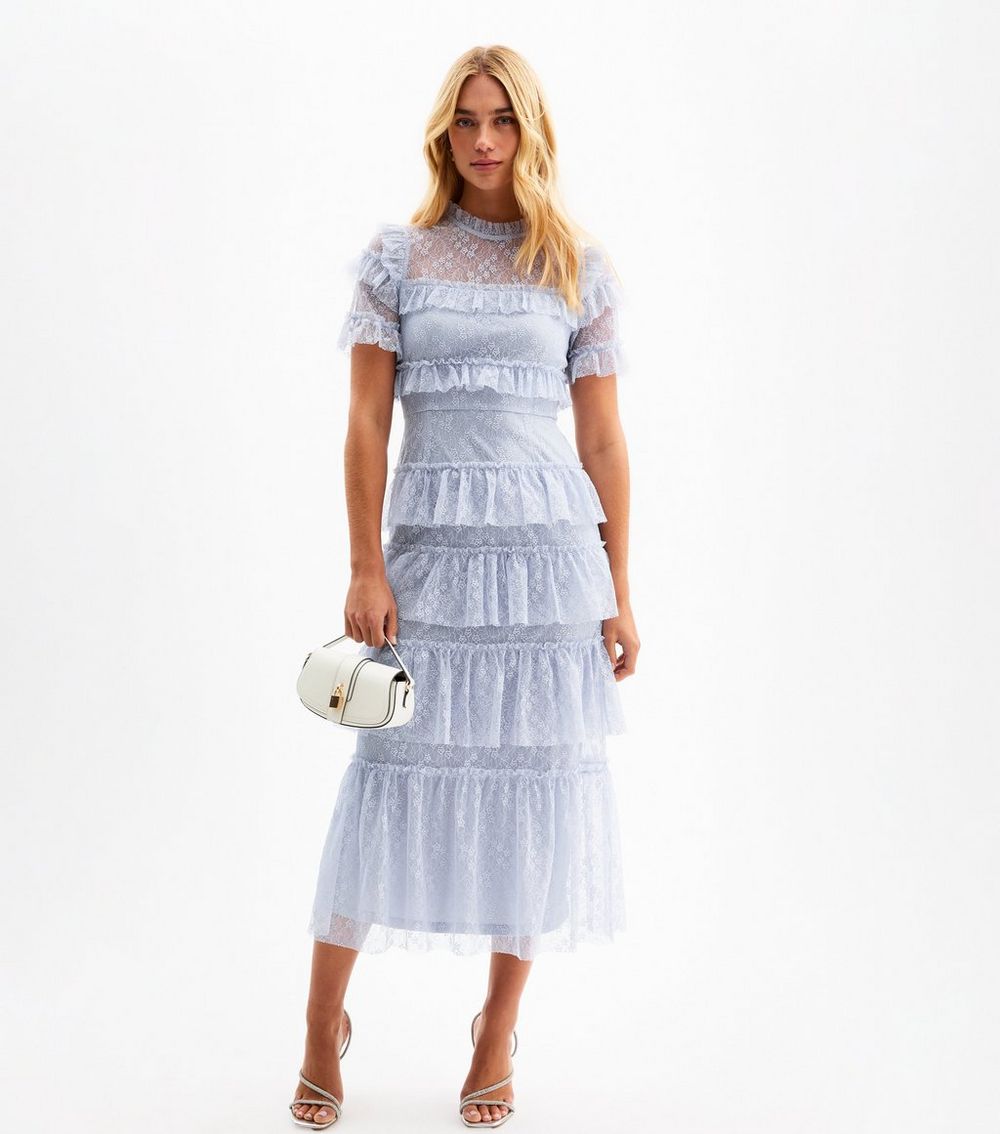 Light Blue Lace Tiered Ruffle Midi Dress