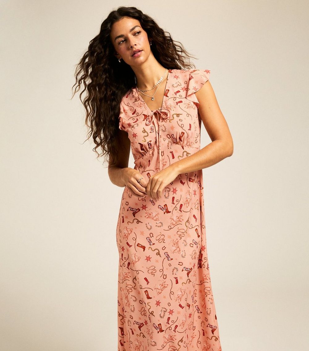 Pink Cowgirl Print Flutter Sleeve Midi Dress