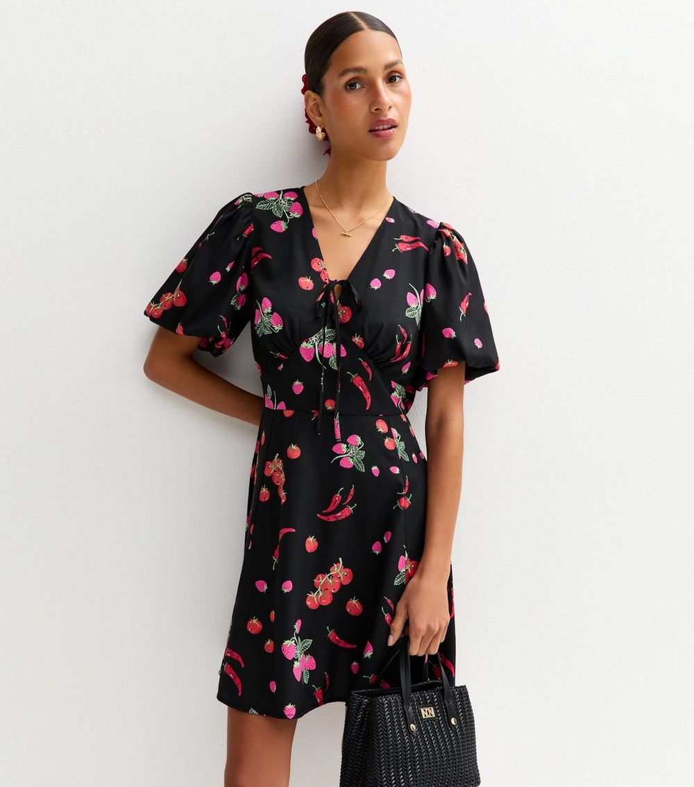 Black Chili Print Tie Front Mini Dress