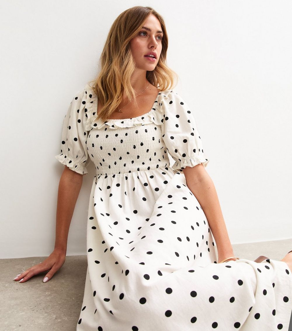 White Spot Print Shirred Midi Dress