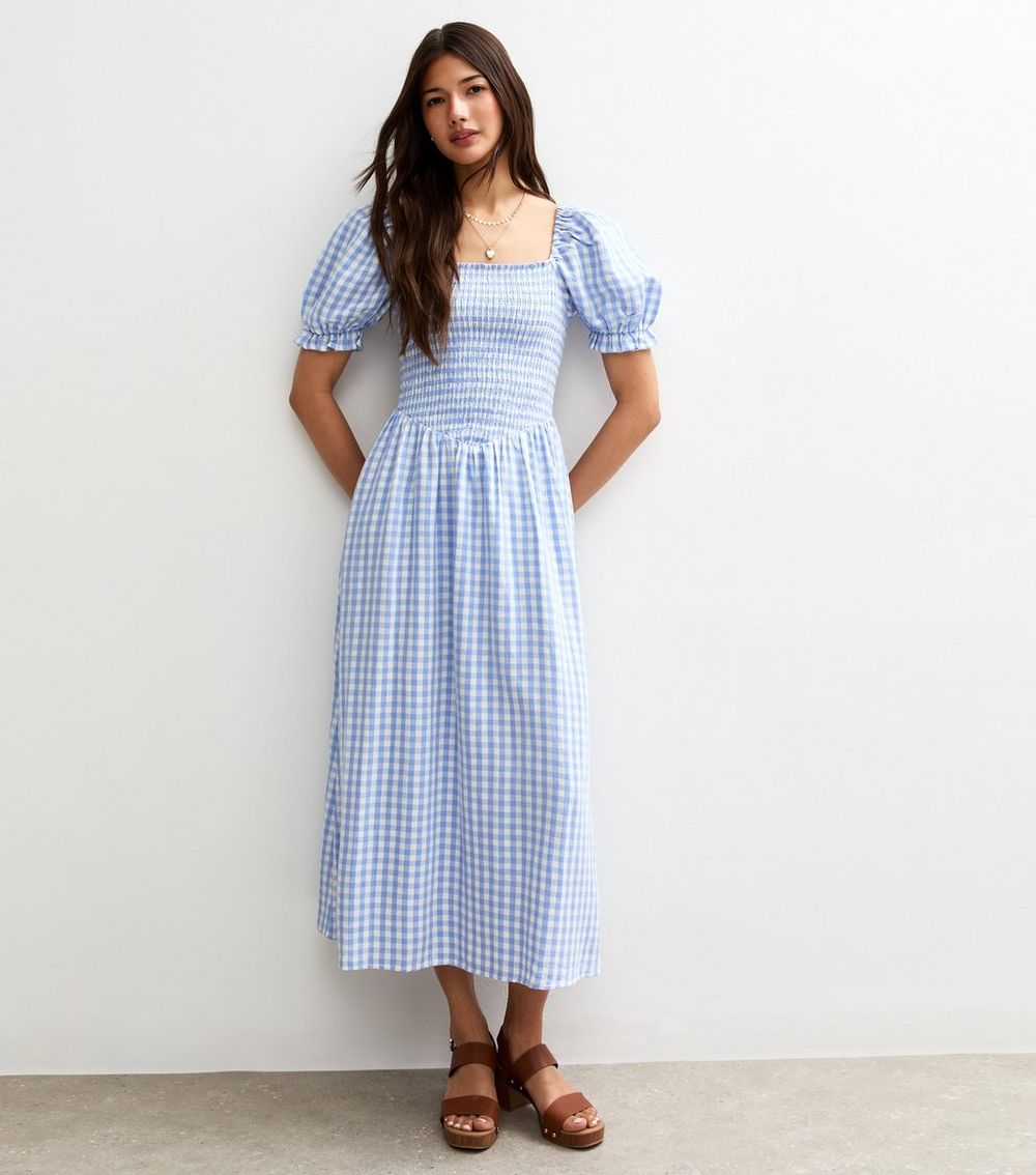 Blue Gingham Print Shirred Top V Waist Midi Dress