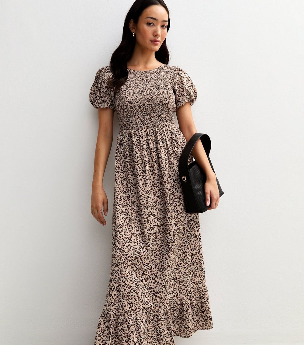 Brown Leopard Print Tiered Hem Midi Dress