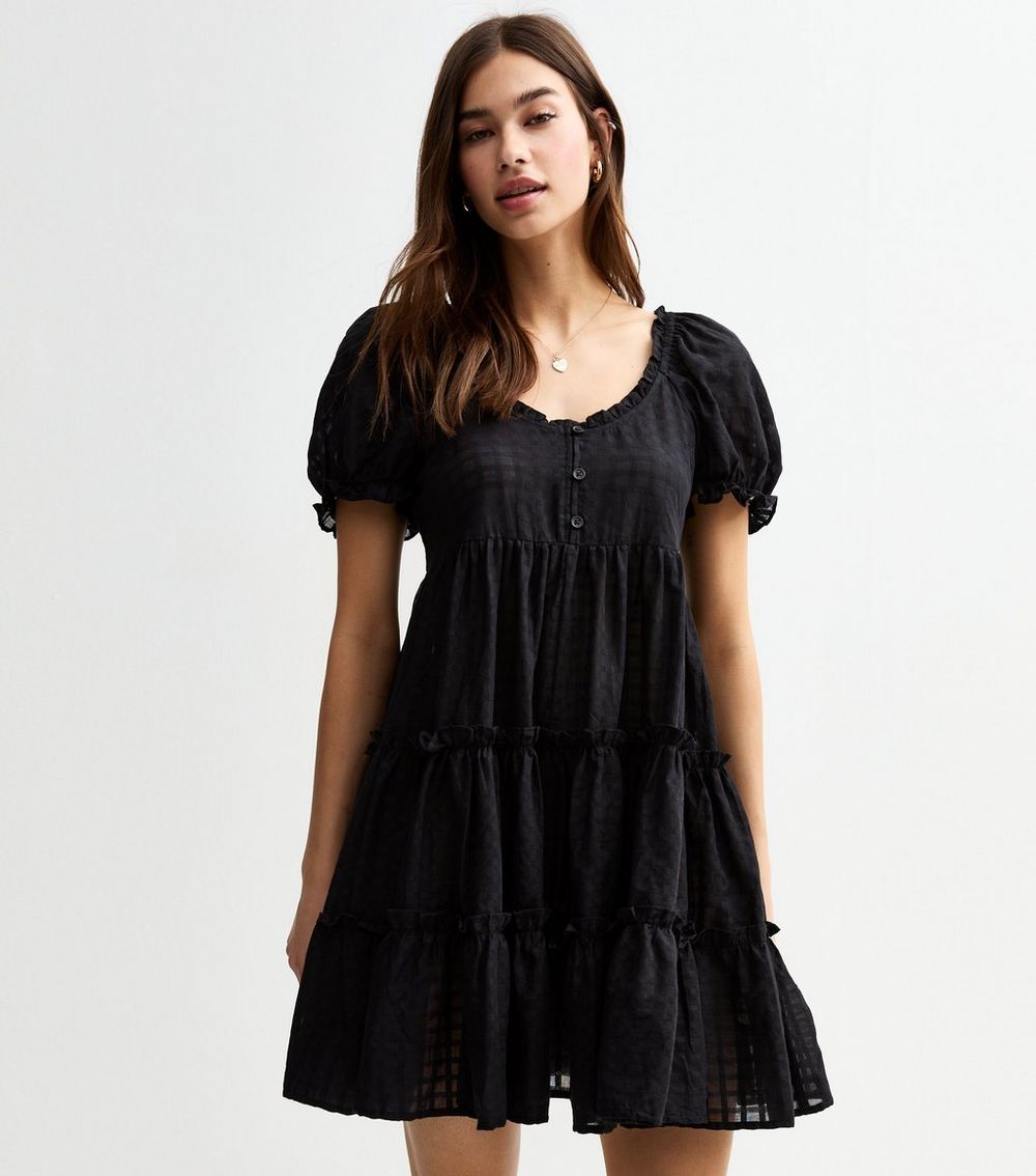 Black Textured Check Tiered Mini Smock Dress