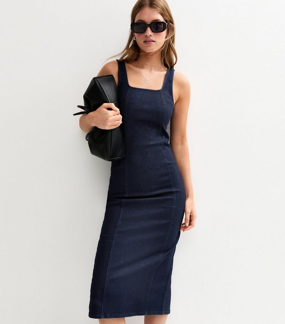 Navy Stretch Denim Square Neck Bodycon Midi Dress