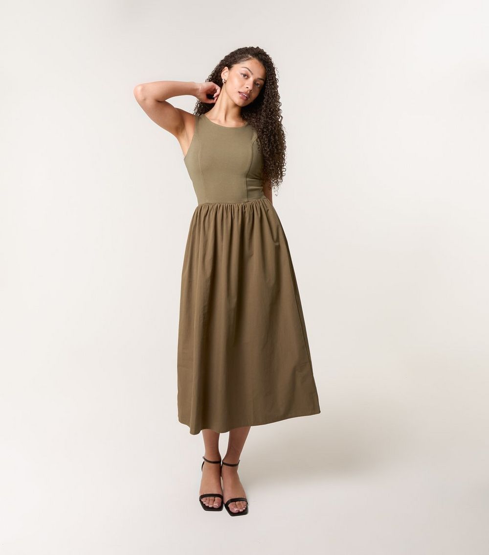 Blue Vanilla Khaki Jersey and Poplin Midi Dress