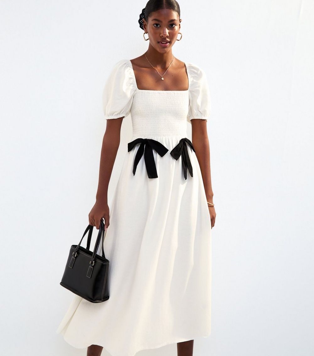 White Shirred Bow Trim Midi Dress