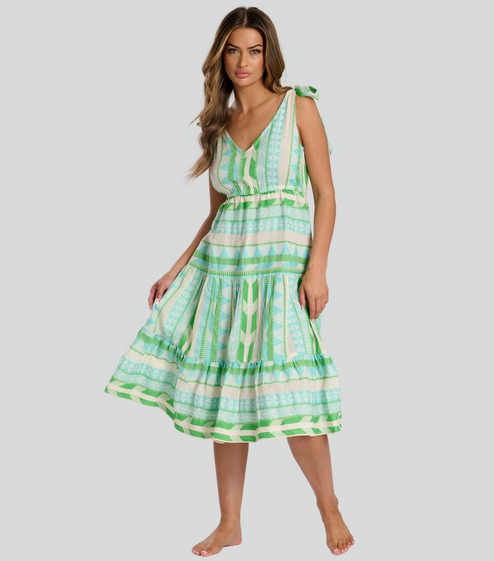 South Beach Green Jacquard Tie Shoulder Midi Dress