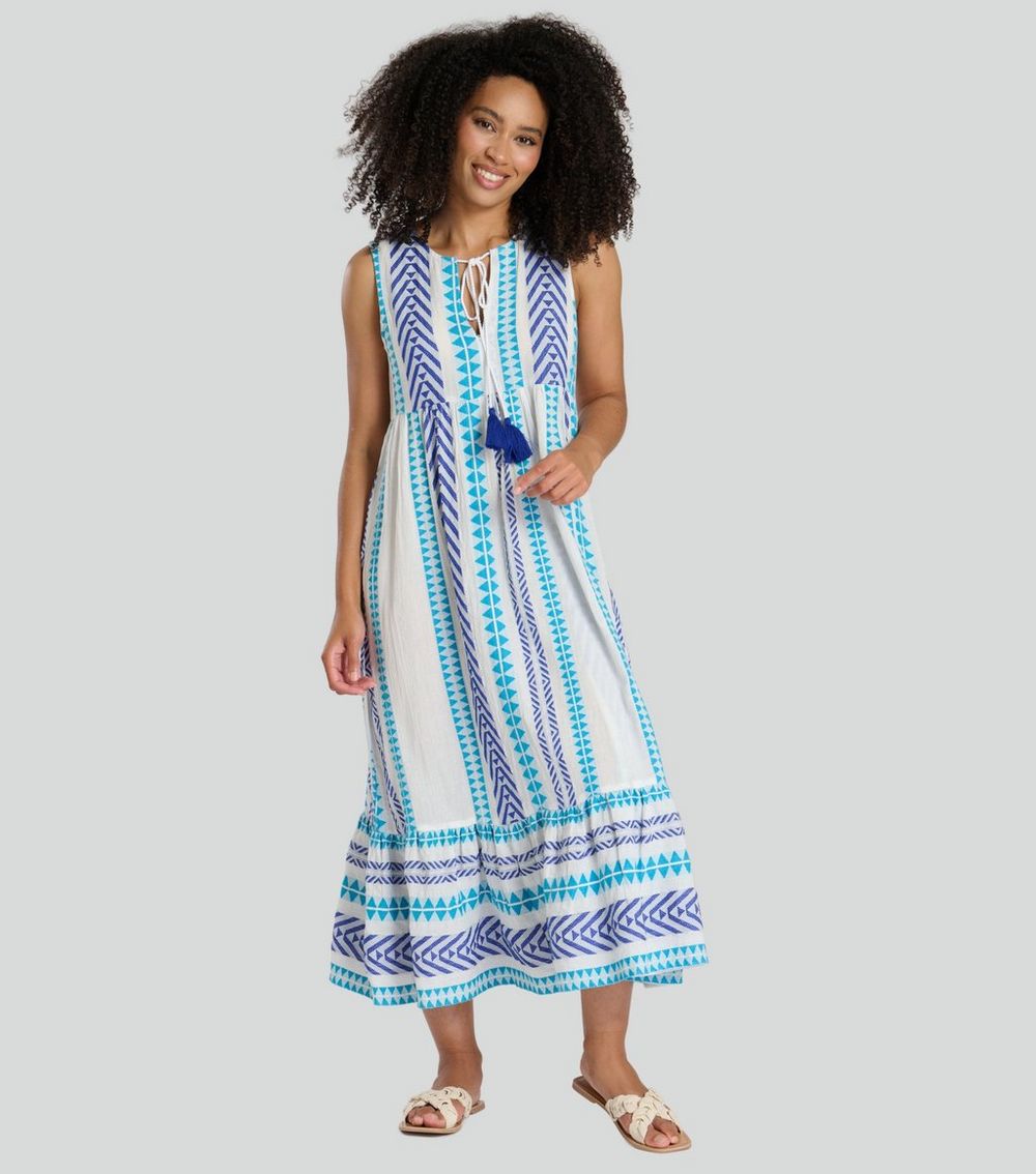 South Beach Blue Tie Neck Patterned Jacquard Midi Dress