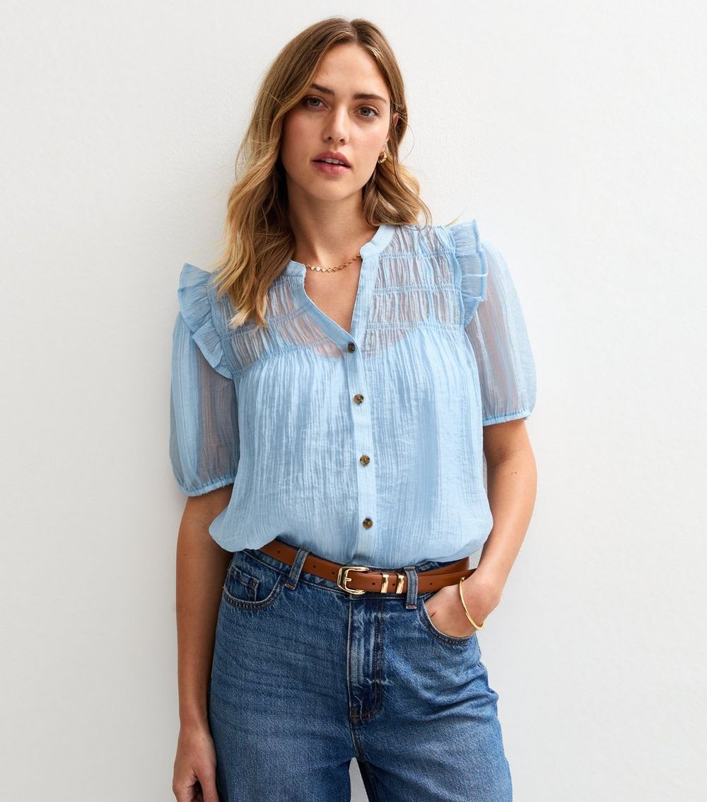 Blue Shirred Bib Frill Sleeve Shirt