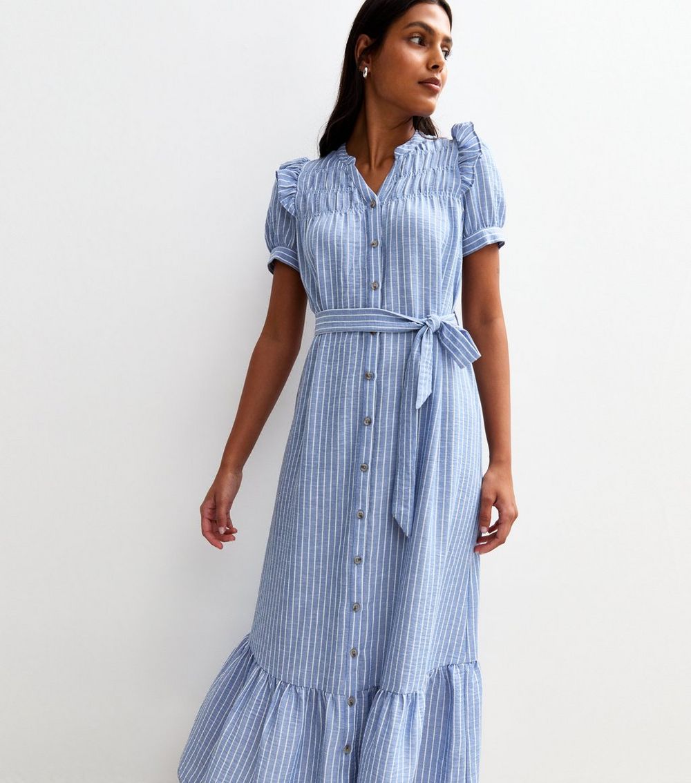 Blue Striped Shirred Shoulder Midi Dress