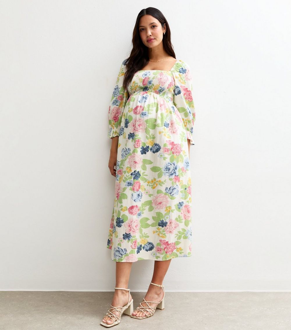 Maternity Cream Floral Print Midi Dress