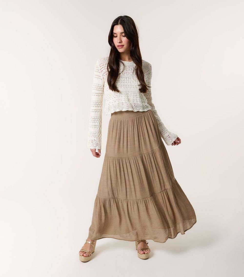 Blue Vanilla Rust Brown Shirred Midi Skirt