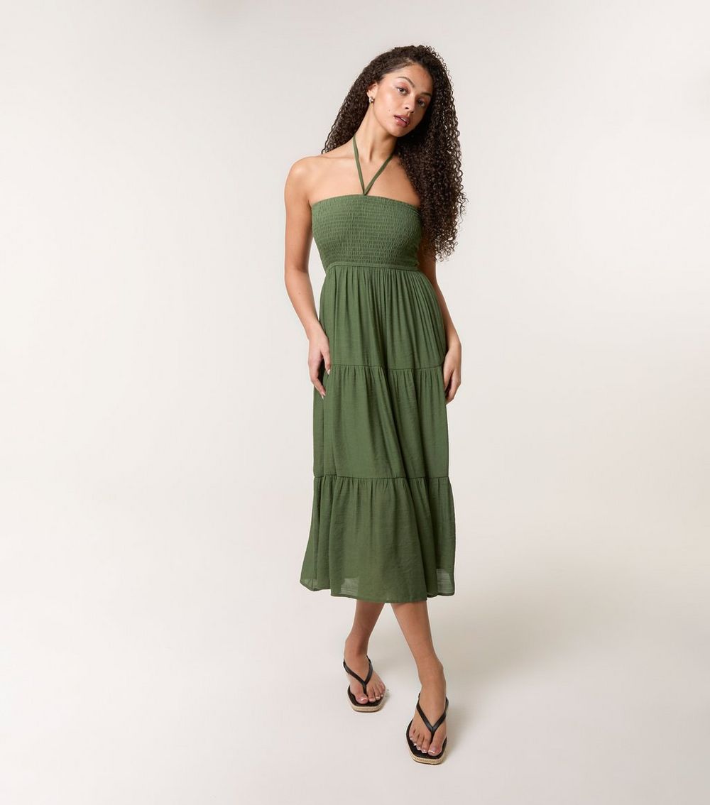 Blue Vanilla Khaki Halterneck Tiered Midi Dress