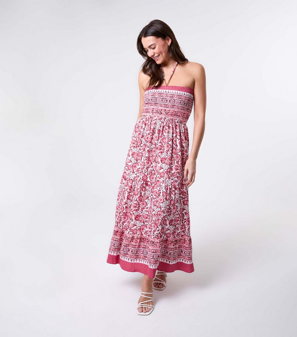 Blue Vanilla Pink Floral Print Shirred Bust Maxi Dress