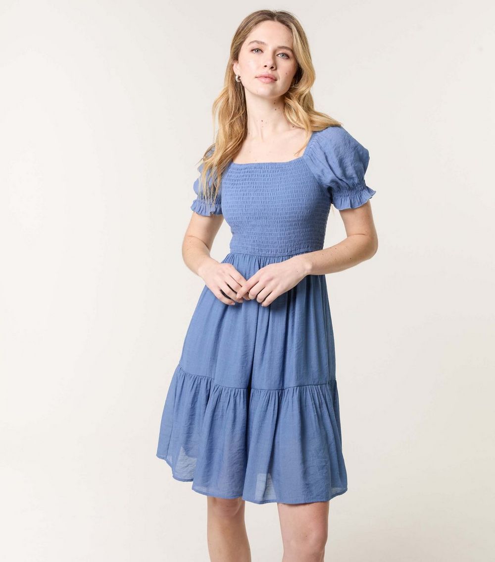 Blue Vanilla Blue Puff Sleeve Mini Smock Dress