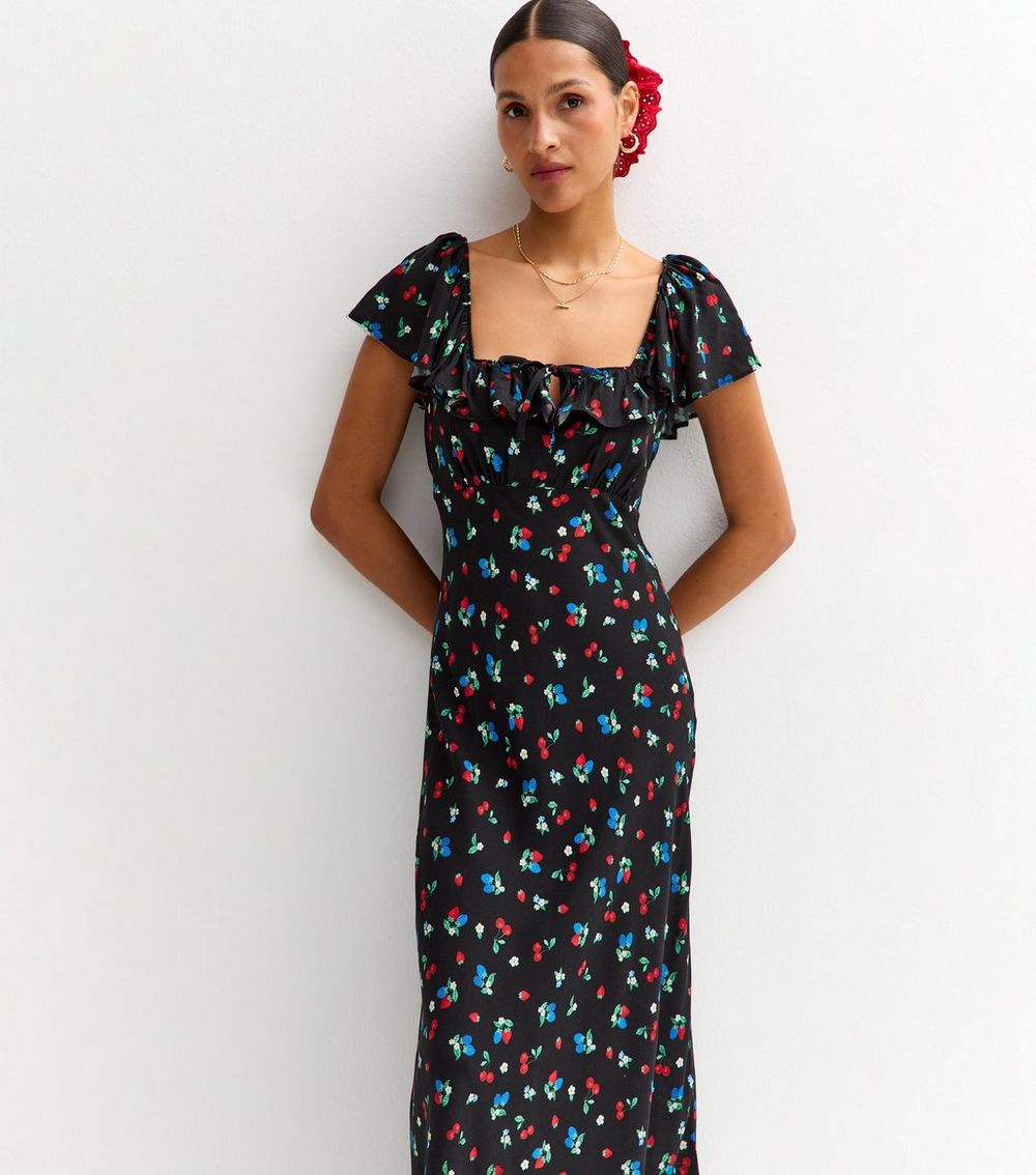Black Fruit and Floral Print Square Neck Midi Dress