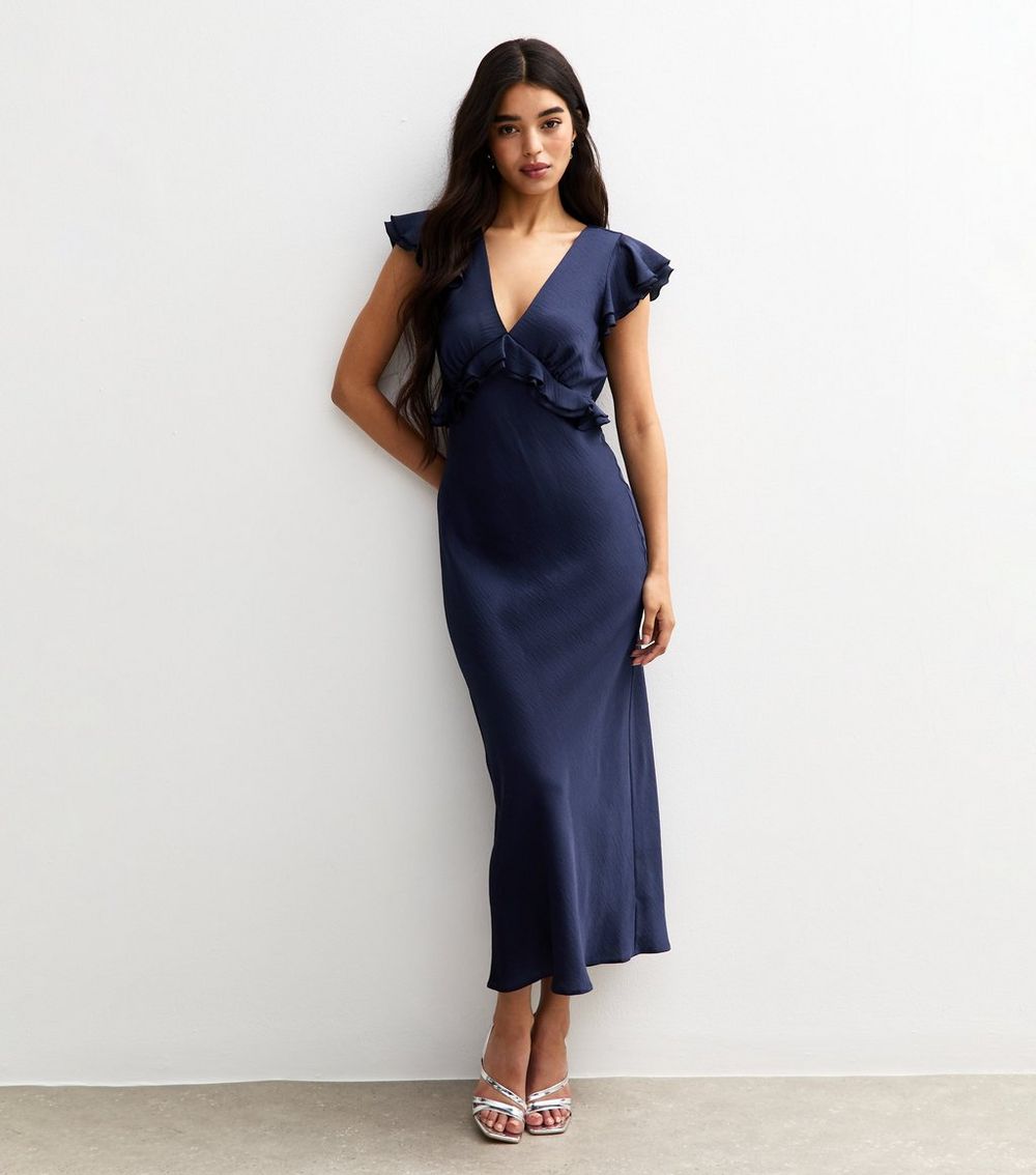 Navy Ruffled Satin V