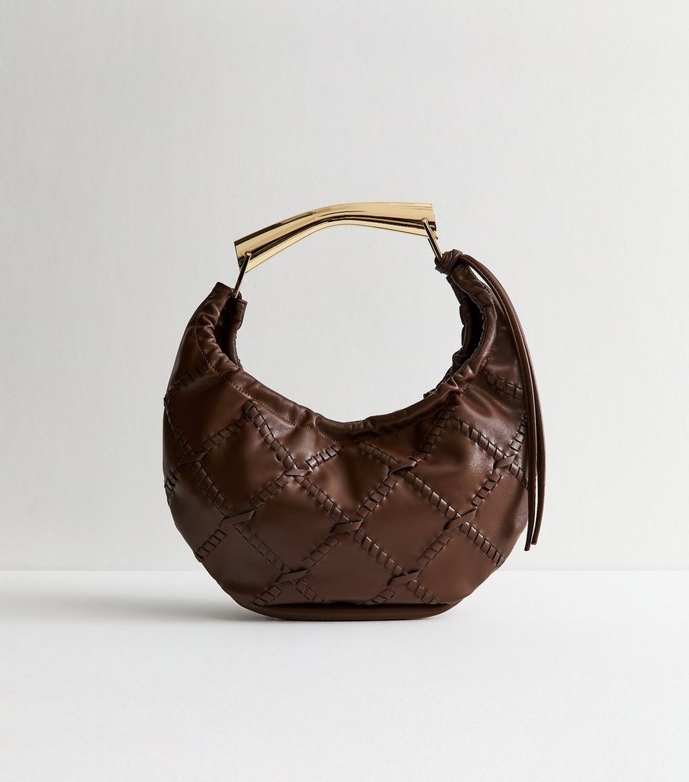 Brown Faux Leather Whipstitch Detail Shoulder Bag