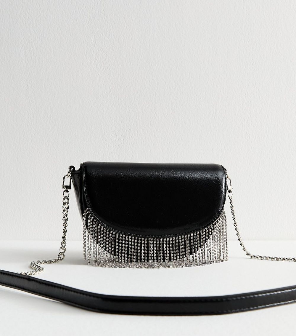 Black Faux Leather Diamantè Tassel Crossbody Bag