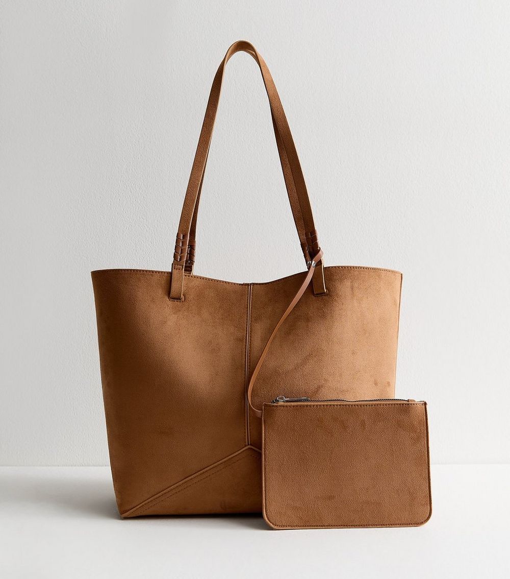 Tan Panelled Faux Suede and Leather Tote and Pouch