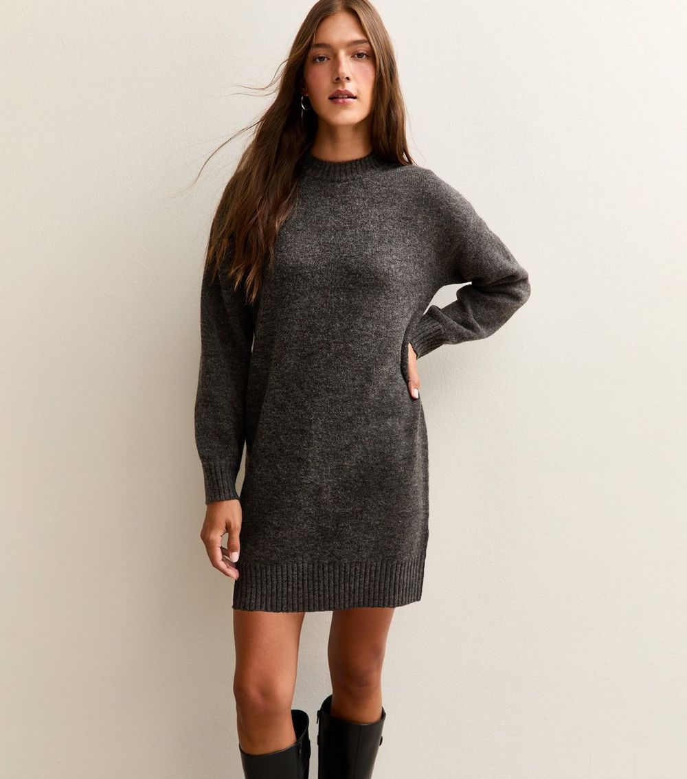 Dark Grey Knit Jumper Mini Dress