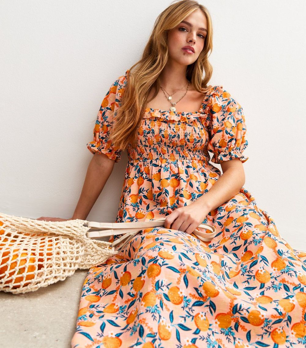 Orange Orange Print Milkmaid Midi Dress