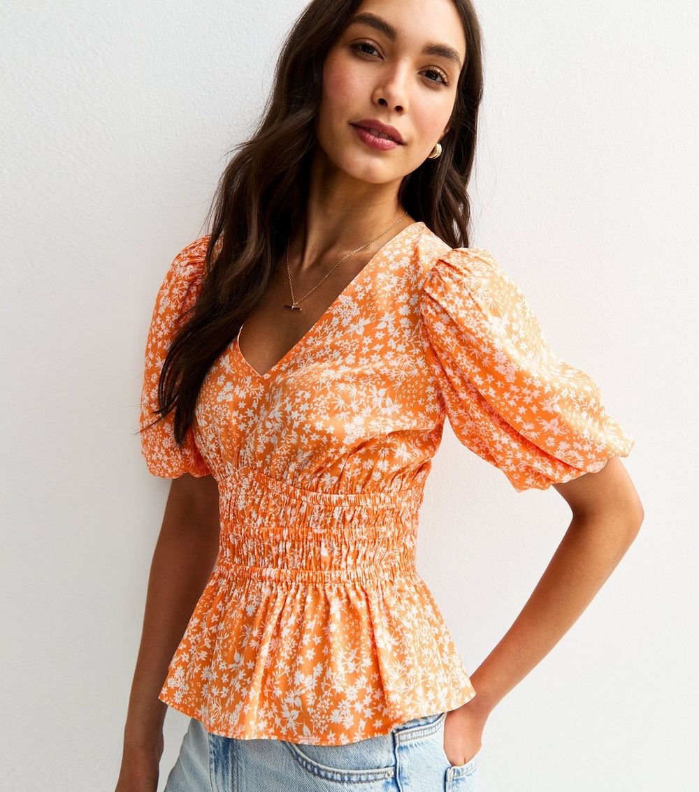 Orange Floral Shirred Waist Blouse