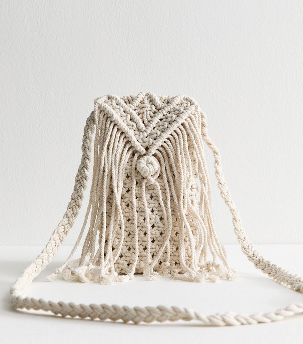 Off White Crochet Tassel Phone Bag