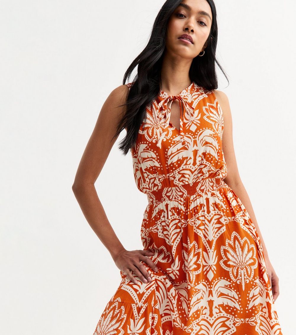 Blue Vanilla Orange Floral Print Tie Neck Midi Dress