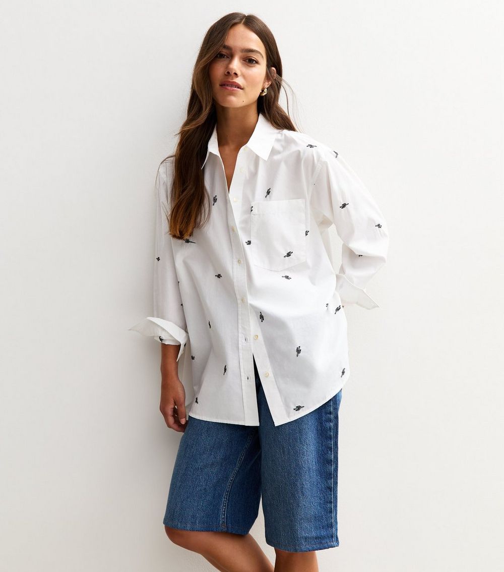 Petite White Cactus Embroidered Long Sleeve Shirt